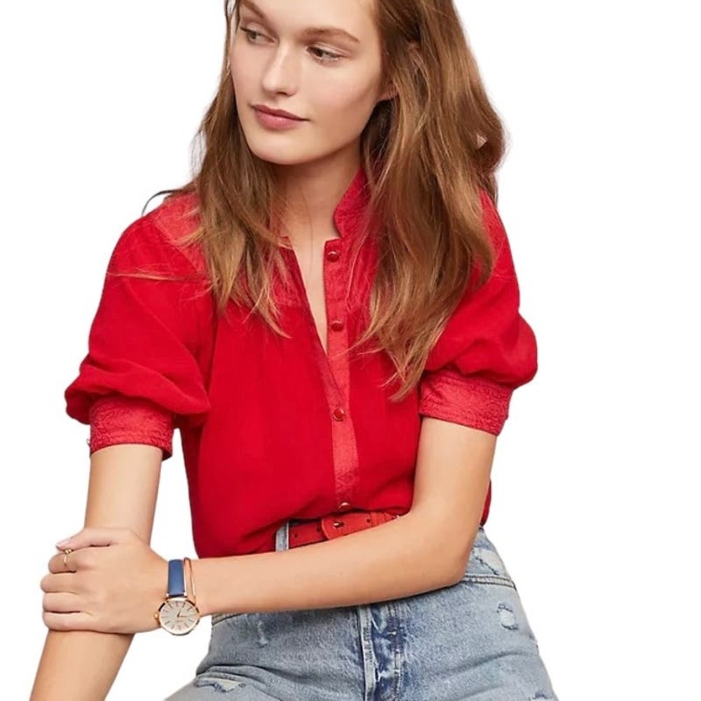 Maeve Red Puff-Sleeve Button Front Blouse